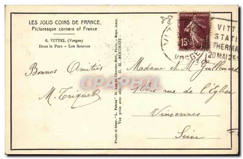 As Fontes - Vittel (Vosges) — Vista tirada com objeto S. O. M. BERTHOT — editor Patras - Verso