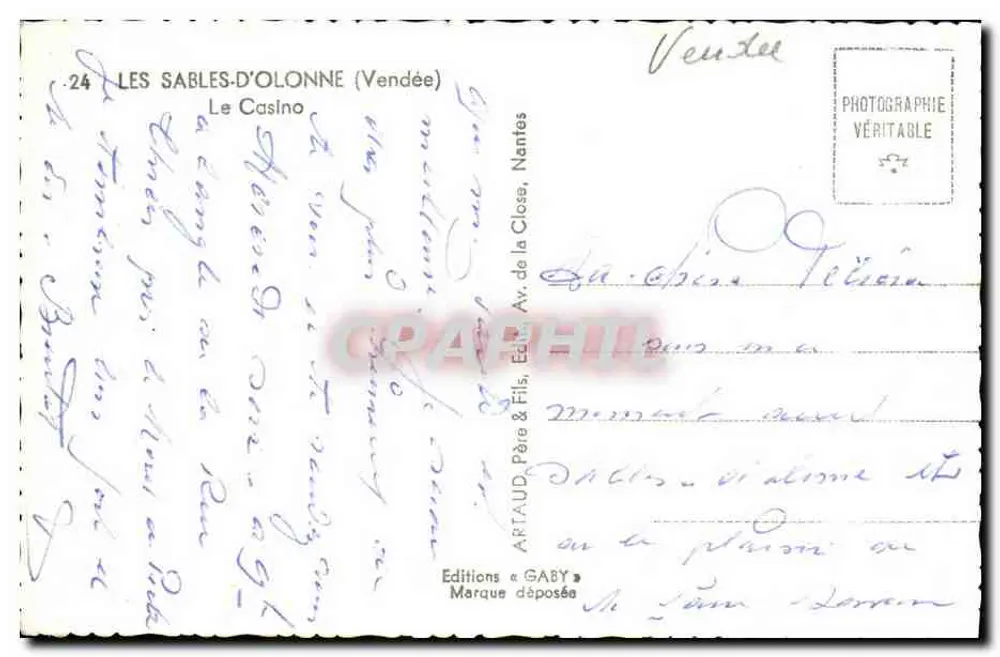 Les Sables-d'Olonne — O Casino — Edições Gaby - Verso