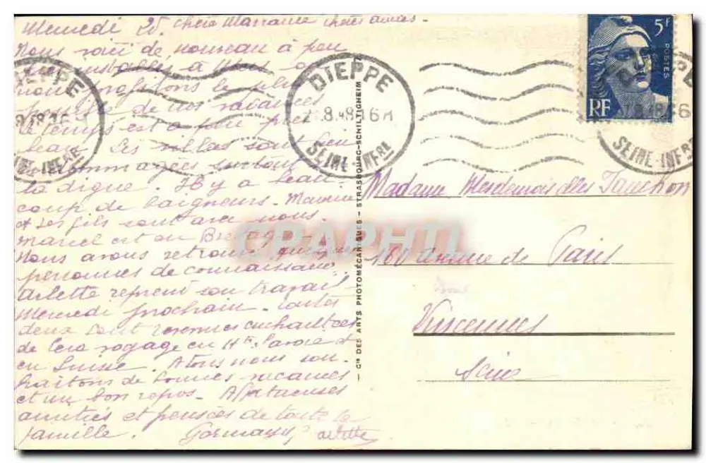 Mers-les-Bains — A Digue — Bilhete postal antigo n°96, editor Bilhete postal antigo des Arts - Verso