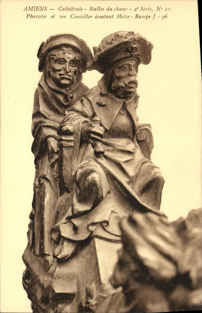 Amiens — Kathedrale — Chorstühle — 2. Serie, Nr. 10 — Pharao und sein Berater, die Moses hören — Rampe J — Nr. 96 - Vorderseite