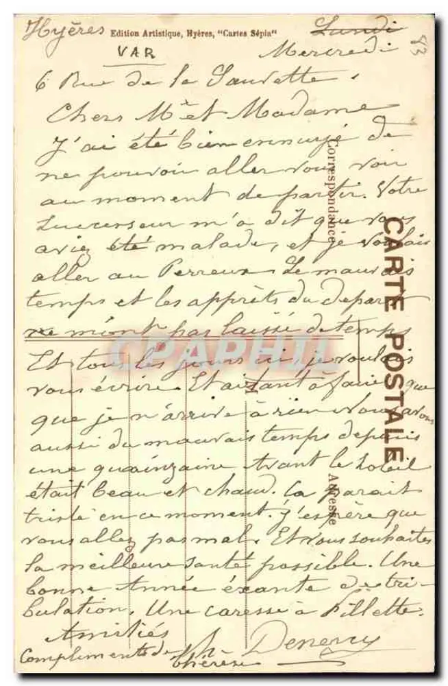 Hyères - A Prefeitura — torre de relógio em pedra — editor: Périodisme Chambourlier, Hyères, n°37 - Verso