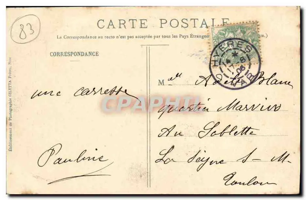 Hyères - Panorama von Costebelle - Die Hotels — Édition Giletta, phot. Nice - Rückseite