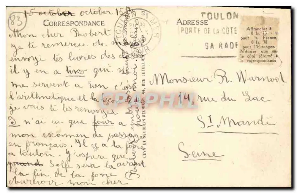 Toulon - Mourillon — Bord de Mer — LL n°15 - Verso