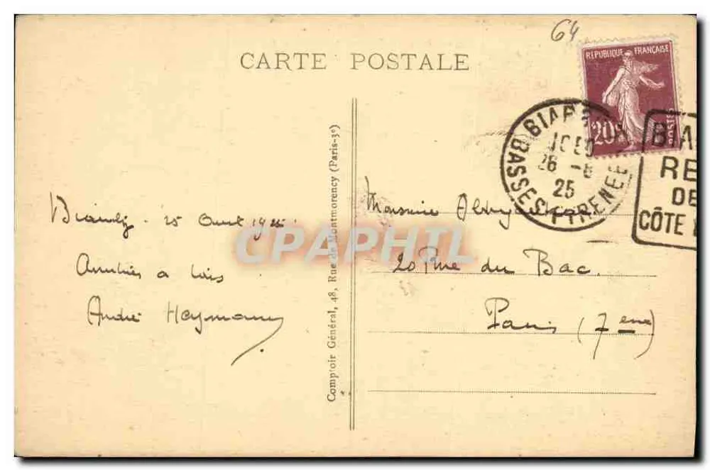 Biarritz - Hotel do Palácio — François Ilejer, livreiro, Biarritz, n° 542 - Verso