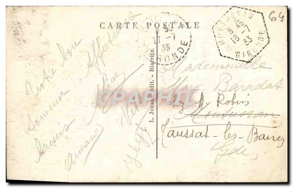 Biarritz — Der Brücke der Jungfrau, Studie durch die Tamaris — Verleger L. Jugand, Nr. 39 - Rückseite