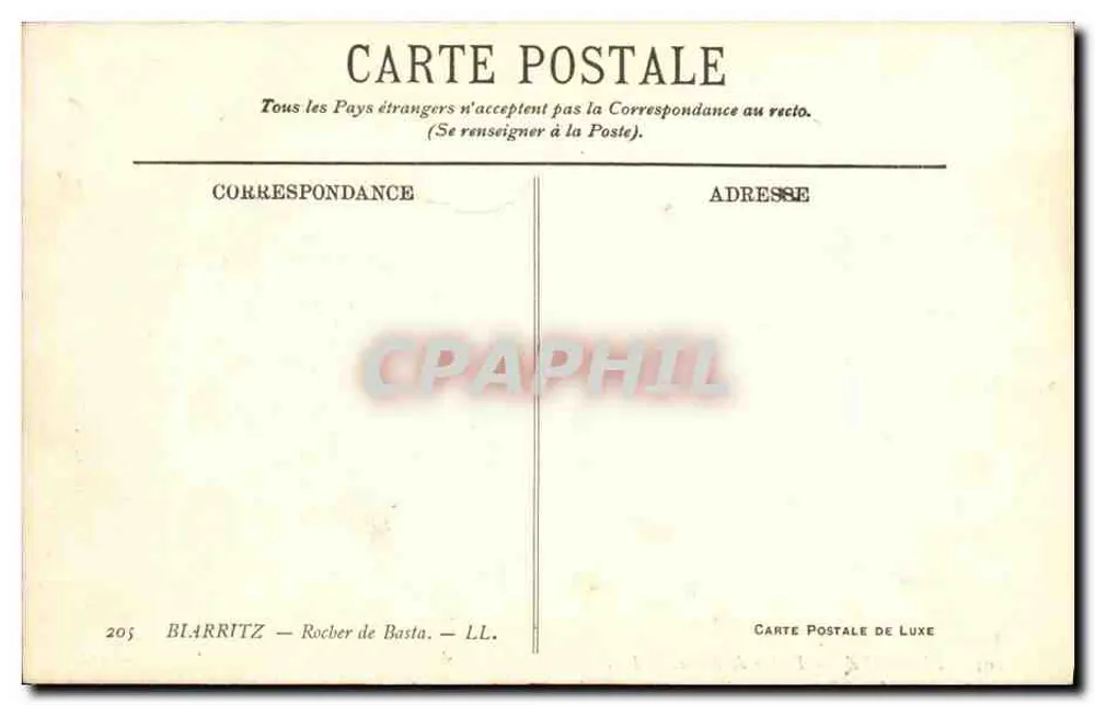 Blarritz — Rocber de Basta — Karta pocztowa luksusowa n°205 - Rewers