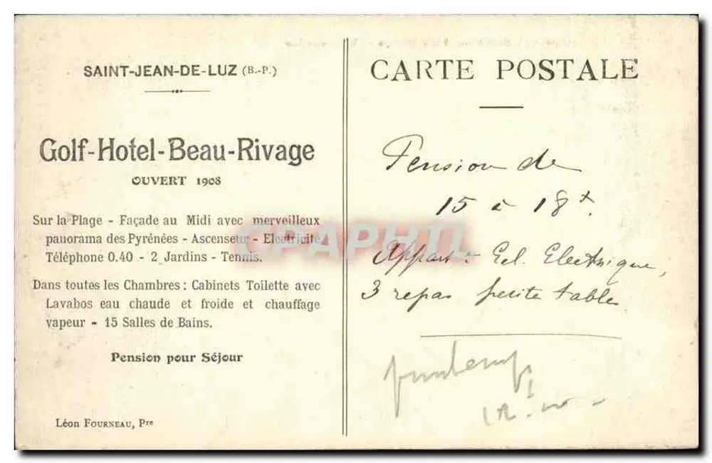 Golf-Hotel-Beau-Rivage — St-Jean-de-Luz — Léon Fourneau, Pr° - Rückseite
