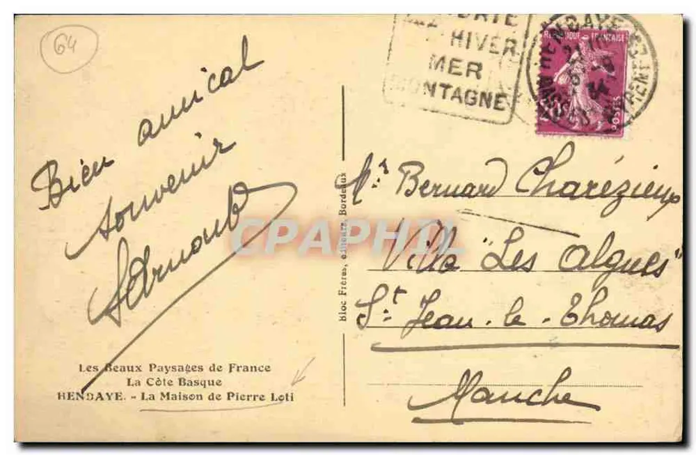 Vista de Hendaye — A Costa Basca — editor Les Beaux Paysages de France, n°64 - Verso