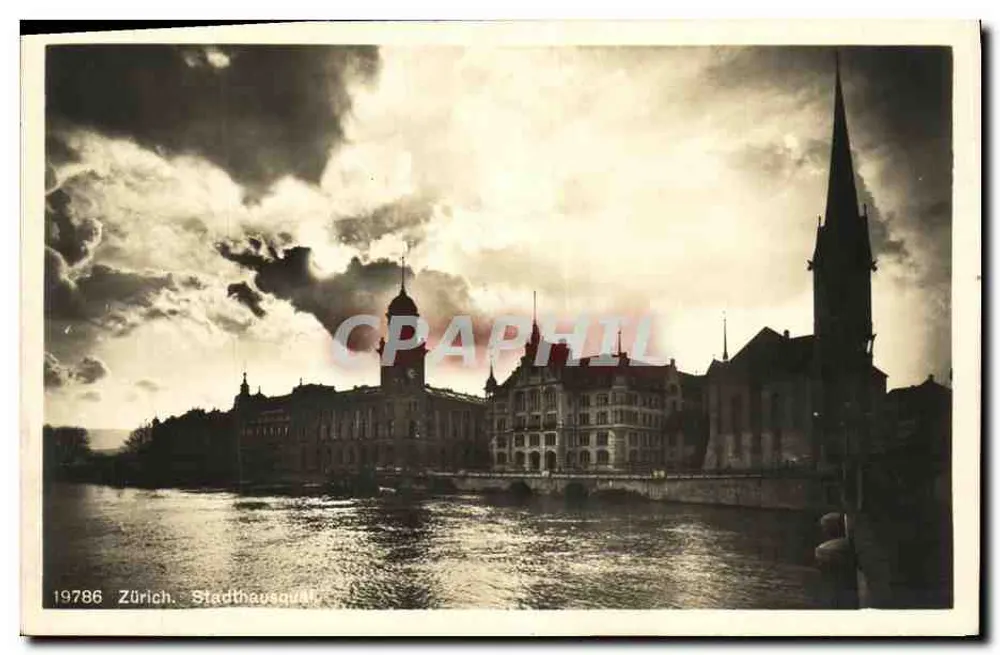 Zurique, Stadthausquai — vista do quai com o prédio administrativo e a flecha da igreja — edição Wehrli A.-G., Kilchberg-Zürich, n° 19786 - Frente