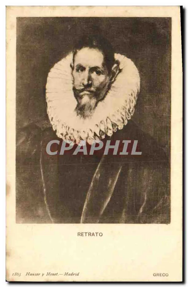Retrato de um homem com colarinho alto — obra atribuída a El Greco — editor Hausser y Menet, Madrid, n° 1865 - Frente