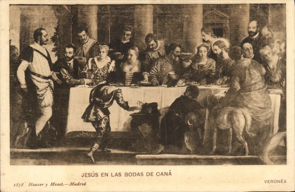Jesús en las bodas de Caná — reproducción del cuadro de Veronèse — editor Hauser y Menet, Madrid, 1878 - Anverso