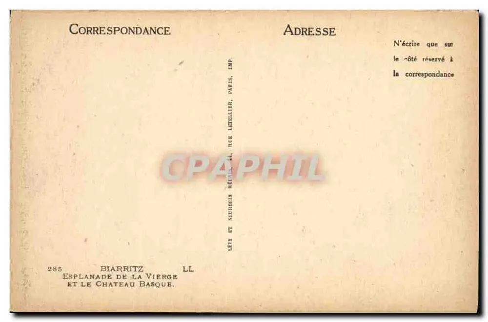 Biarritz — Esplanada da Virgem e o Castelo Basco — Imp. Letellier, Paris - Verso