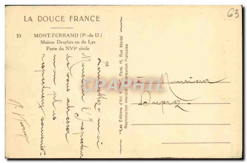 Mont-Ferrand (P.-de-D.) — Maison Desplats oder du Lys, Eingang des 16. Jahrhunderts — Les Editions d'Art YVON, Paris - Rückseite