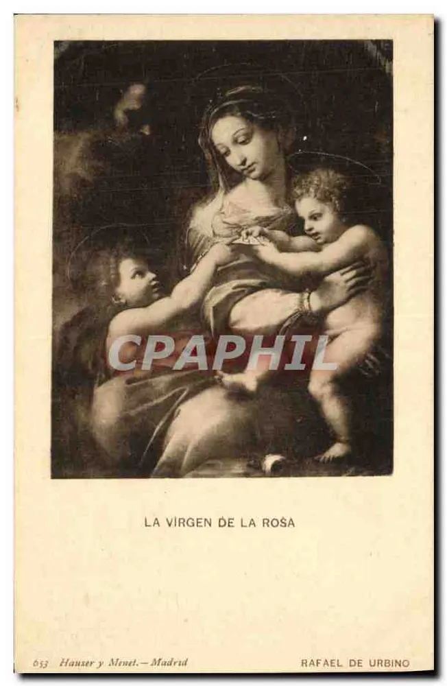 La Virgen de la Rosa — Werk von Rafael de Urbino — veröffentlicht von Hauser y Menet, Madrid, n° 653 - Vorderseite