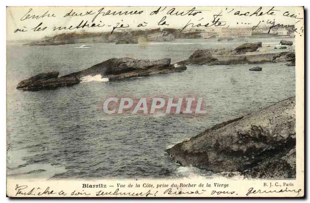 Biarritz — Aussicht auf die Küste, vom Felsen der Jungfrau aus genommen — B. J. C., Paris - Vorderseite