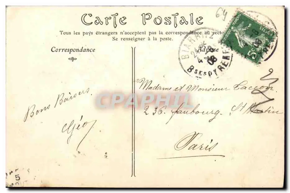 Biarritz — Eingang zum Weg der Côte des Basques und Villa Belza — Verlag Villat, Nr. II - Rückseite
