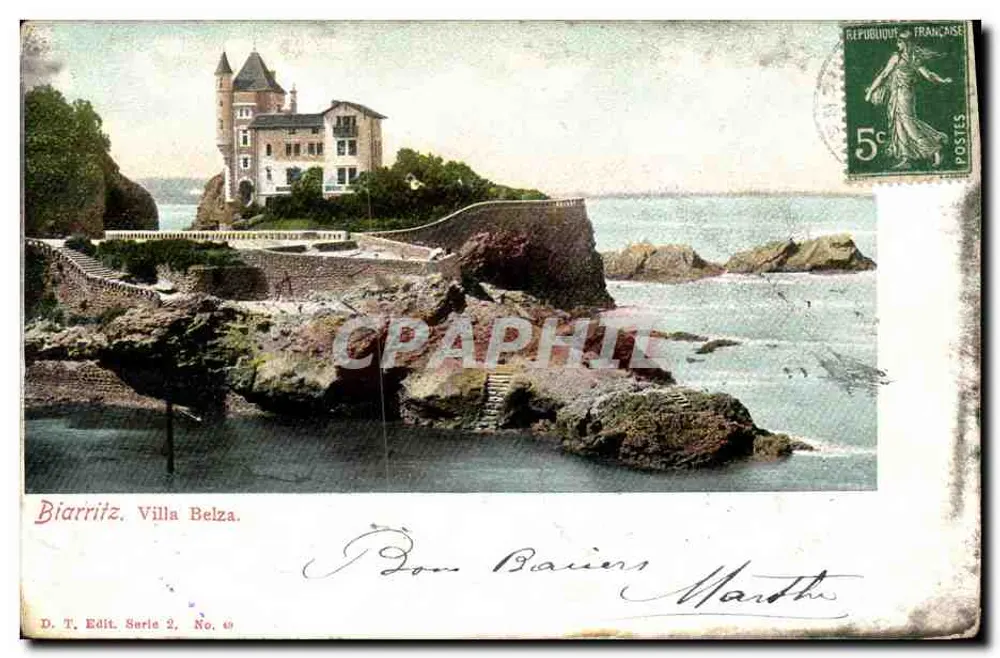 Biarritz. Villa Belza — vue de la villa sur les rochers, éditeur D. T. Edit. Série 2, No. 19 - Frente