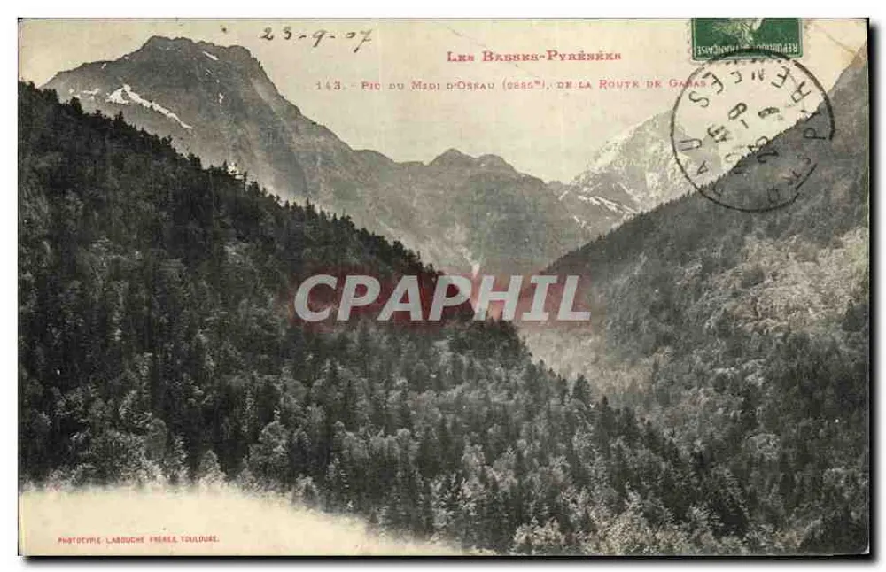 Die Basses-Pyrénées — Pic du Midi d'Ossau (2885m), von der Route de Ganas — Phototypie Labouche Frères, Toulouse - Vorderseite