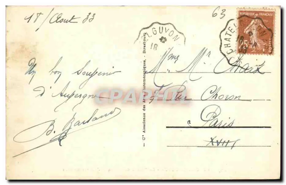 Châtel-Guyon - Das Casino-Theater und die Avenue Baraduc — Vintage Postcard/Antike Ansichtskarte n°118, Verlag Antike Ansichtskarte - Rückseite