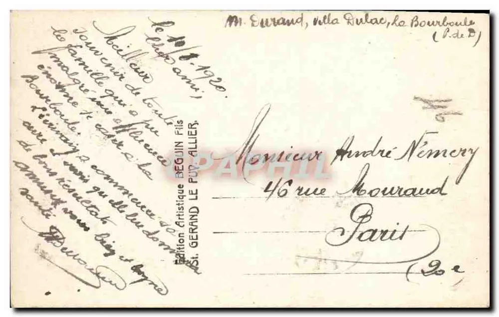 La Bourboule — Aussicht auf die Cariabides und die großen Hotels — Édition Artistique Beguin, St. Gerand Le Puy Allier - Rückseite