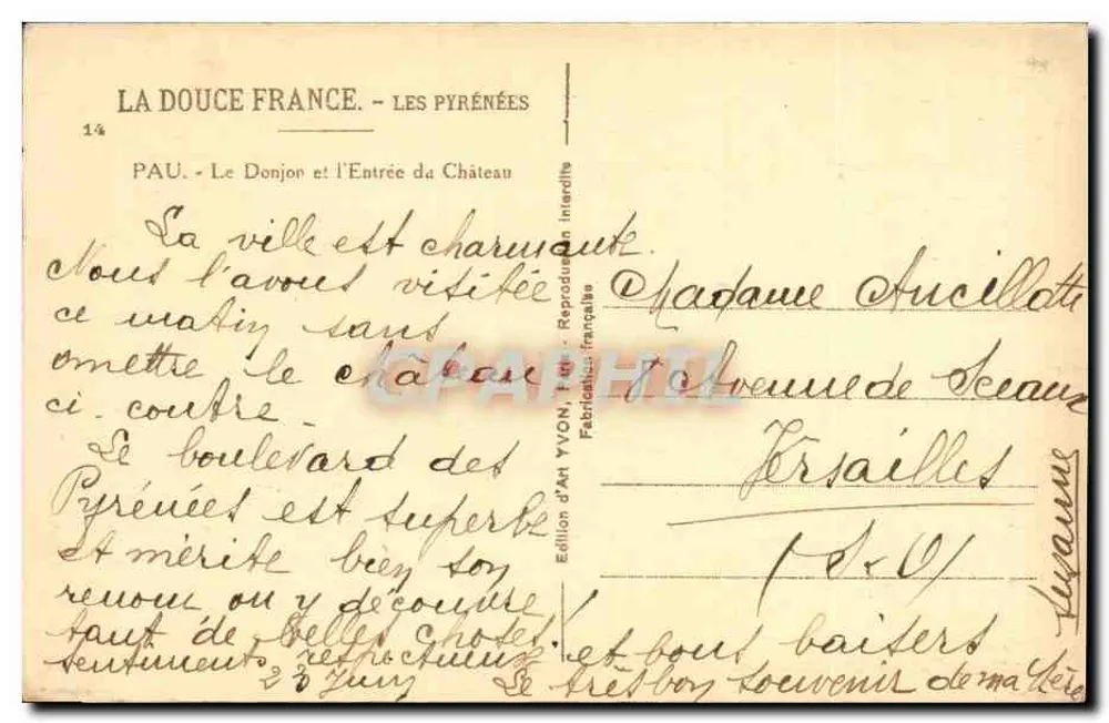 Pau - O Donjon e a Entrada do Castelo — LA DOUCE FRANCE - LES PYRÉNÉES, edição YVON, n°14 - Verso