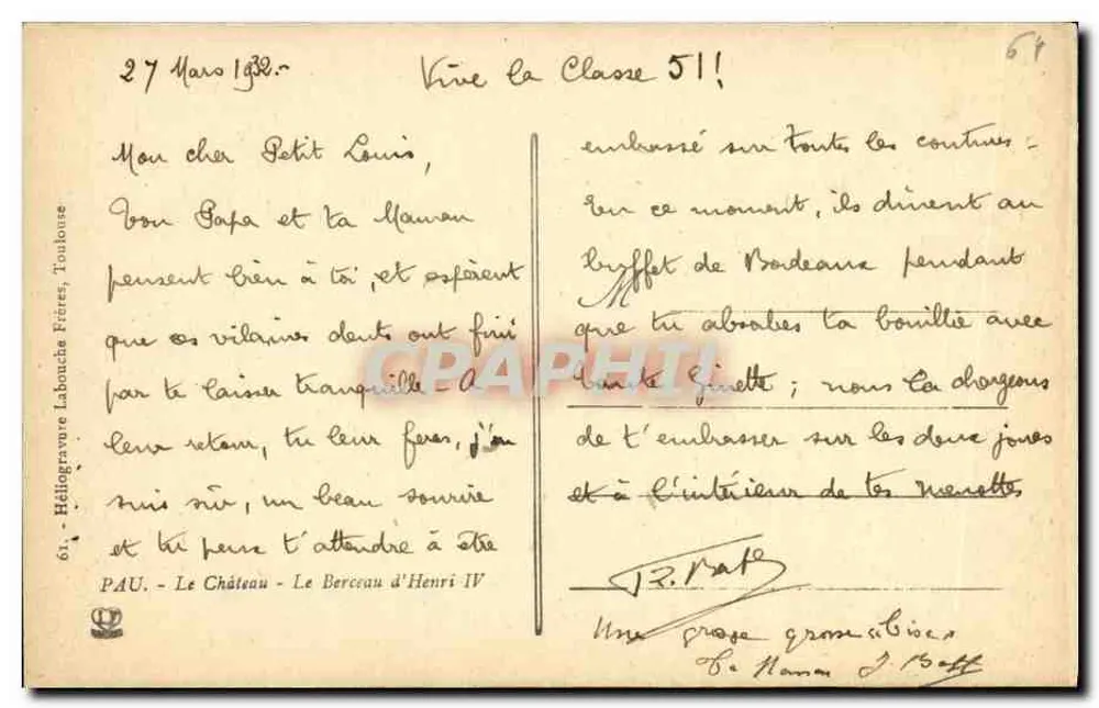 Das Schloss - Das Wiege von Henri IV — Helioengravur Labouche Frères, Toulouse, Nr. 61 - Rückseite