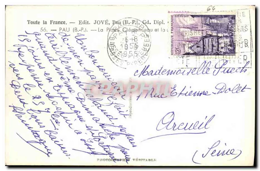 Pau — Praça Clemenceau — Edit. JOVÉ, Pau (B.P.) - Verso