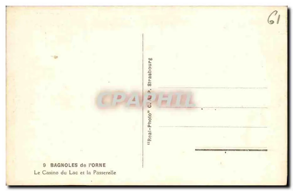 Bagnoles-de-l'Orne — Das Kasino am See und die Brücke — Verlag C. P. Straabourg - Rückseite