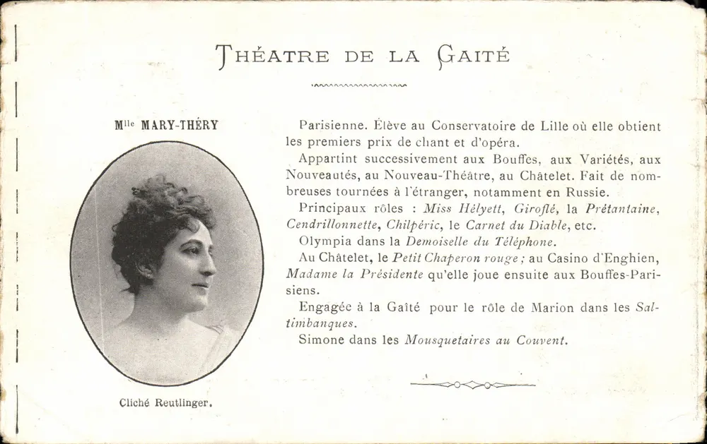 Frau Mary-Théry — Thema: Théâtre de la Gaité — Cliché Reutlinger - Vorderseite