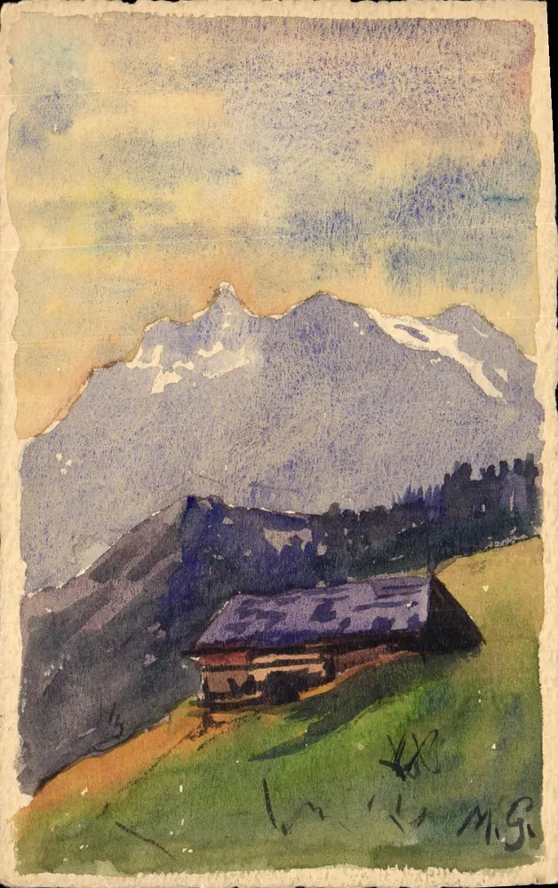 Montanhas nevadas — cabana alpina — M.G.R. (assinatura) - Frente