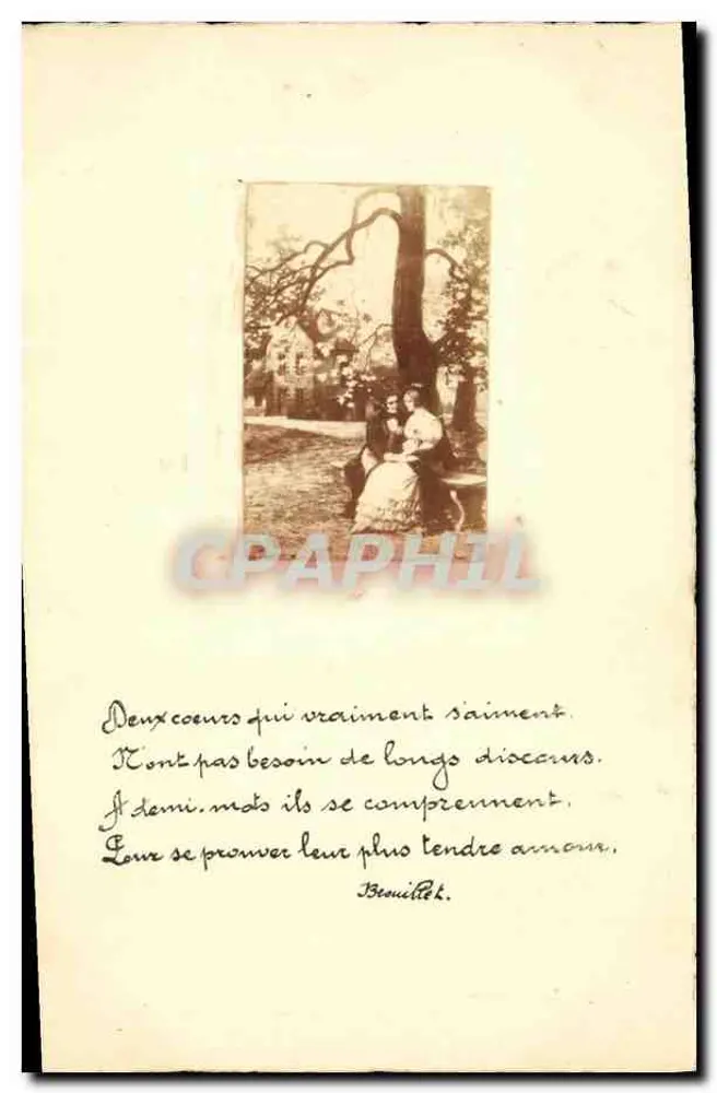 Dois corações que realmente amam — casal sob árvore — texto impresso e manuscrito — editor não visível - Frente
