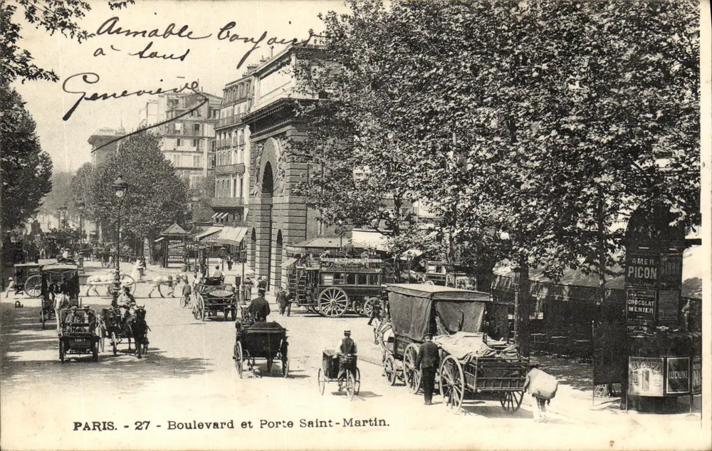Paris - 27 - Boulevard e Porte Saint-Martin — vista urbana com carruagens — editor não identificado - Frente