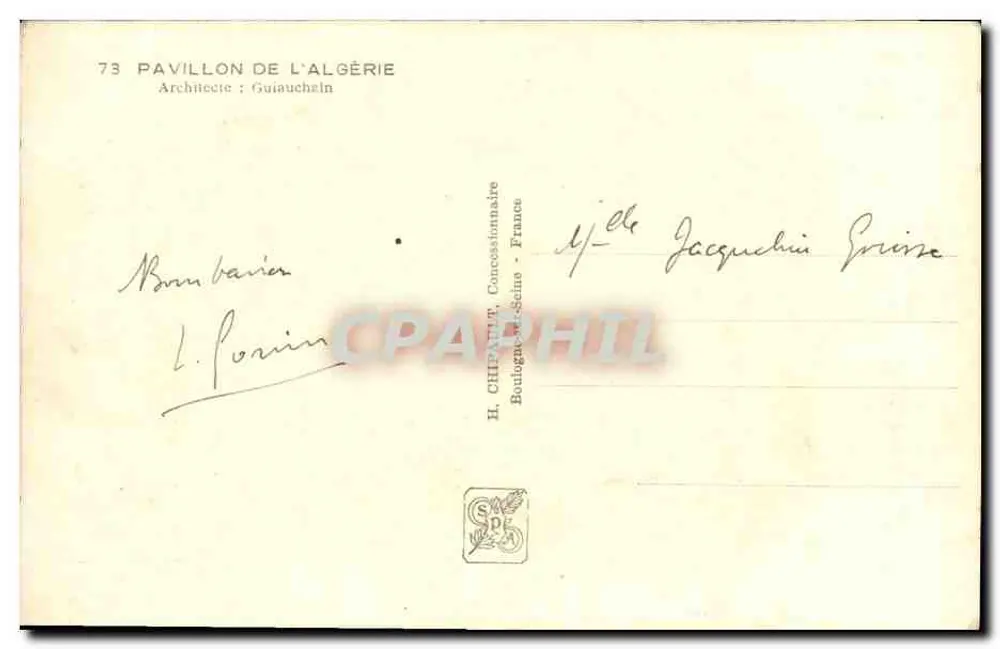 Pavillon de l'Algérie — Exposition Internationale Paris 1937 — H. Chipault, Concessionnaire - Rückseite