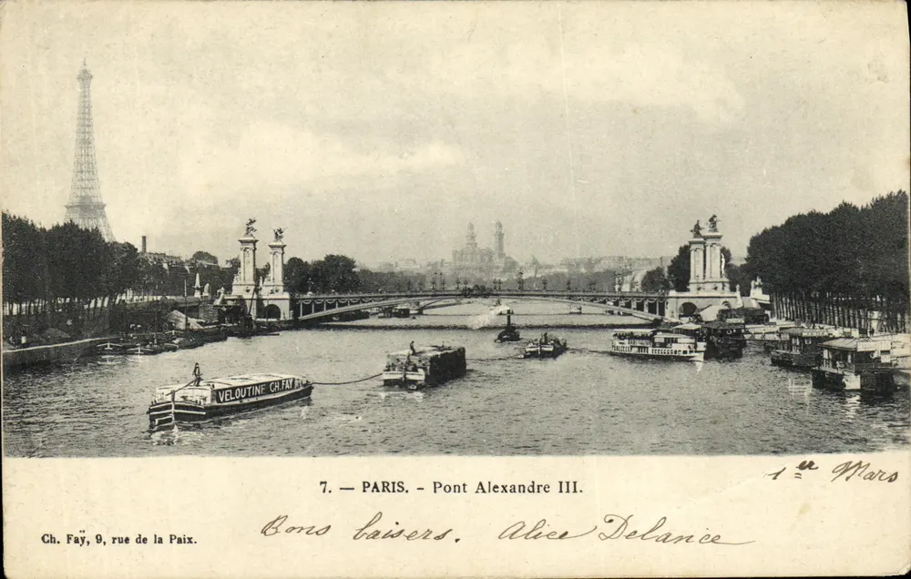 Paryż - Most Alexandre III — widok mostu i Seiny z Eifelą na tle — Ch. Fay, 9 rue de la Paix, n°7 - Awers