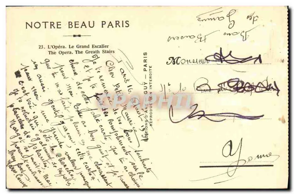 Das Opernhaus. Der Große Treppenaufgang — Serie 'Unser schönes Paris' — Verlag Guy, Paris - Rückseite