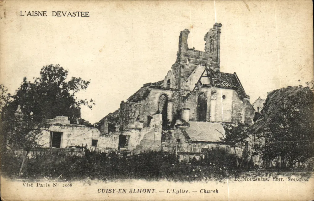 Cuisy-en-Almont — Die zerstörte Kirche — B. Noulgarede, Edit. Soissons - Vorderseite