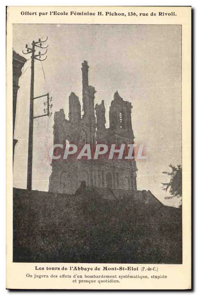 Die Türme der Abtei Mont-St-Michel — Ruinen nach Bombardement — Geschenkt von der Henri Pichon-Frauenschule, 136 rue de Rivoli - Vorderseite