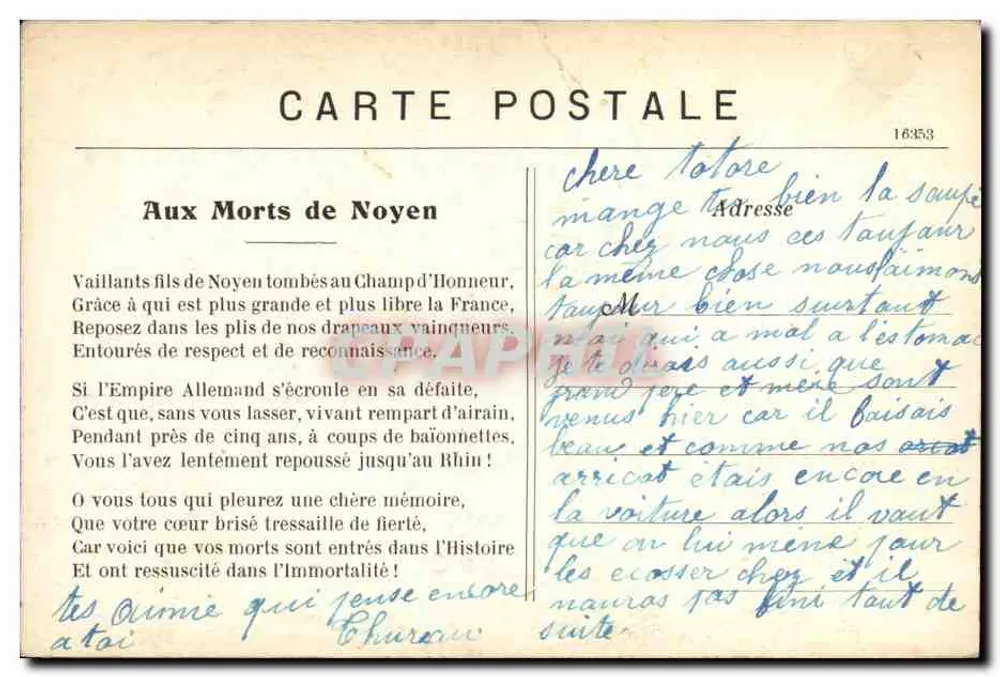 Noyen-sur-Sarthe — Monumento a los Caídos 1914-1918 — editor Cartelogy - Reverso