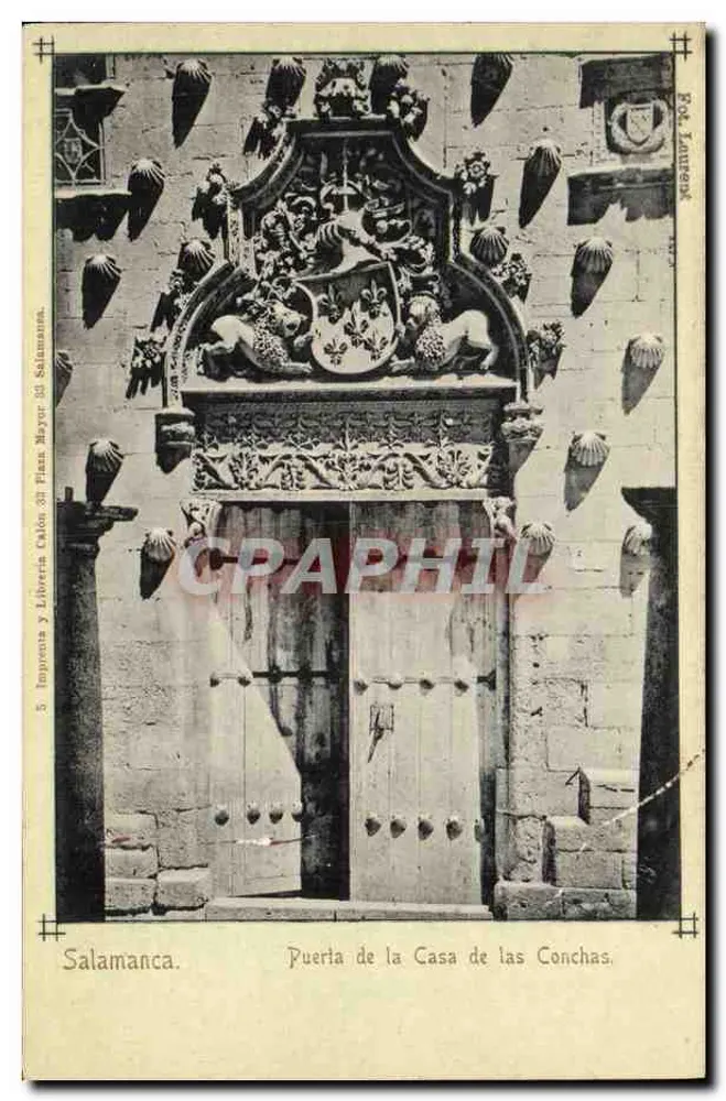 Salamanca — Porte de la Casa de las Conchas — Imprenta y Librería Calón 38, Plaza Mayor (éditeur imprimé sur la carte) - Vorderseite