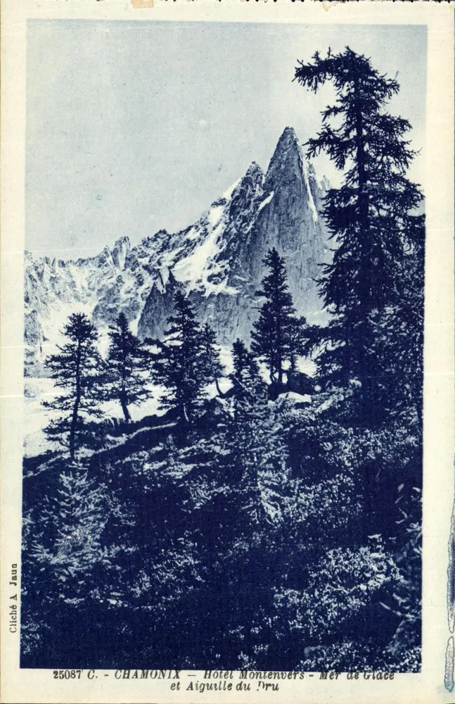 Chamonix — Aiguille du Drus, Montenvers et Mer de Glace — Cliché A. Jaun, n° 25087 C - Recto