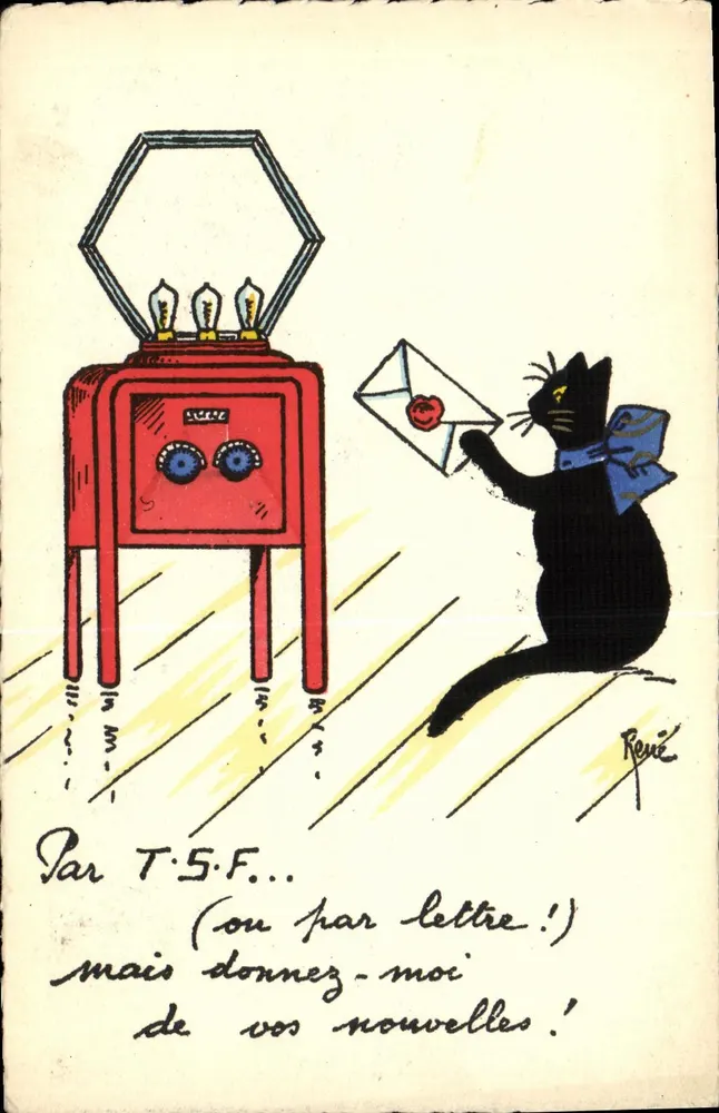 Gato preto com fita azul — solicita novas notícias por T.S.F. — Gatos René n° 49, Edições de Arte, Paris - Frente