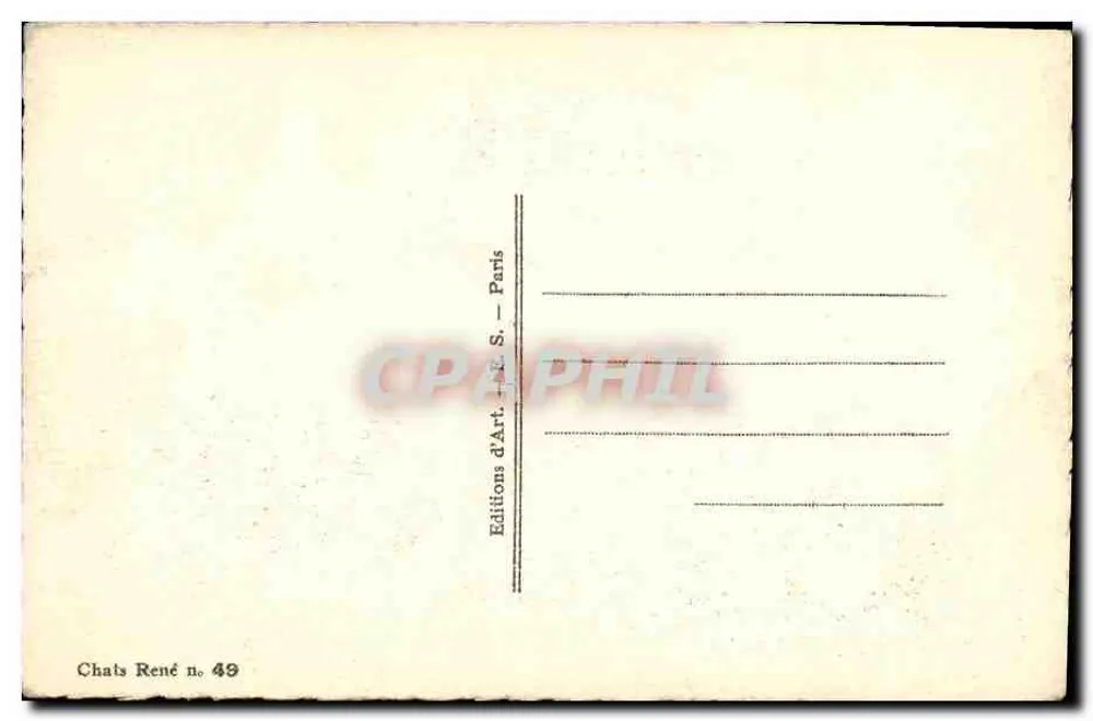 Gato preto com fita azul — solicita novas notícias por T.S.F. — Gatos René n° 49, Edições de Arte, Paris - Verso