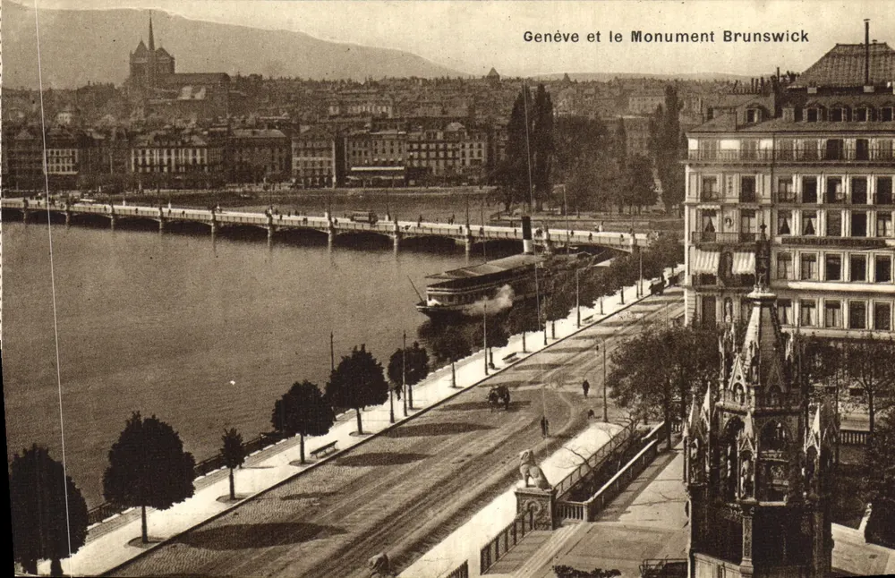 Genebra e o Monumento Brunswick — vista do lago e do ponte — Phototypin Co, Neuchâtel - Frente