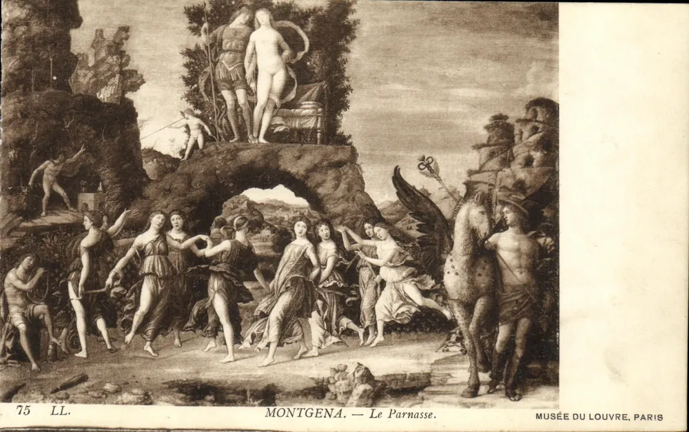 El Parnaso — Montgena — Museo del Louvre, París - Anverso