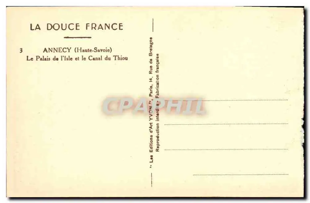 Annecy — Das Schloss der Insel und der Canal du Thiou — Éditions d'Art Yvon - Rückseite