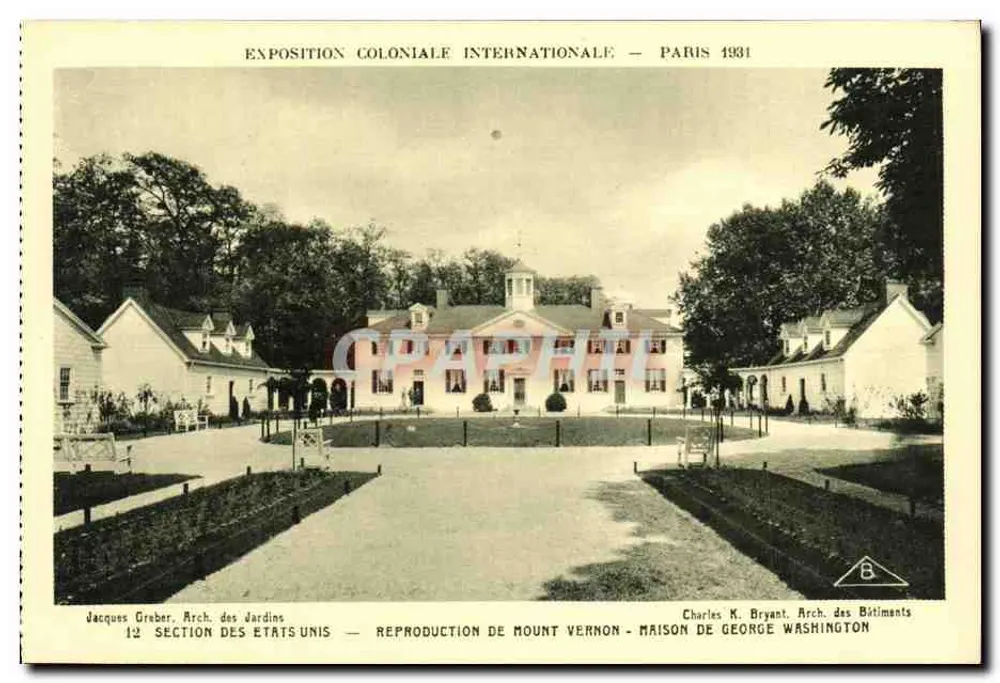 Reproduktion von Mount Vernon - George Washingtons Haus — Internationale Kolonialausstellung, Paris 1931 — Jacques Greber, Arch. der Gärten & Charles K. Bryant, Arch. der Gebäude - Vorderseite