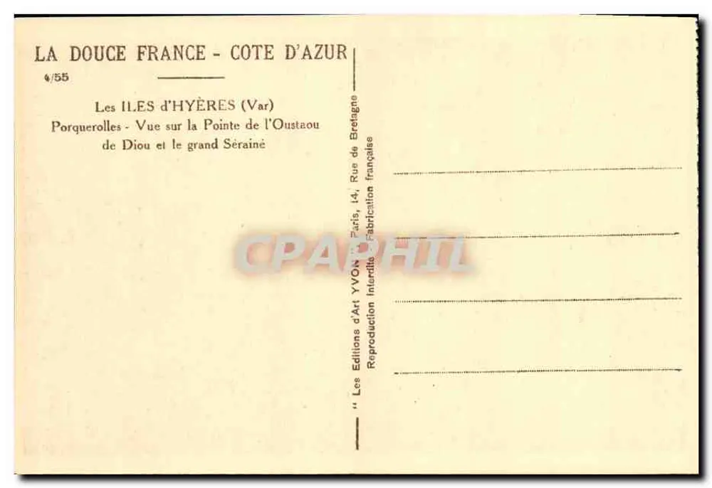 Die Inseln von Hyères (Var) — Ansicht der Pointe de l'Oustaou und des Grand Sérainé — Les Éditions d'Art Yvon, Paris - Rückseite