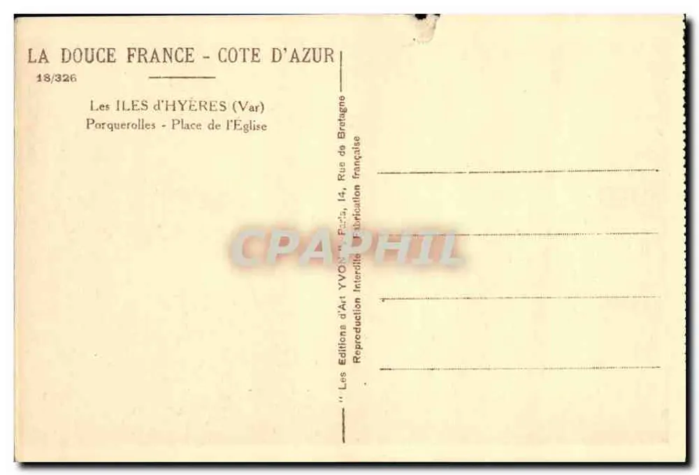Porquerolles — Place de l'Église — Verlag Les Éditions d'Art Yvon, n°18/326 - Rückseite