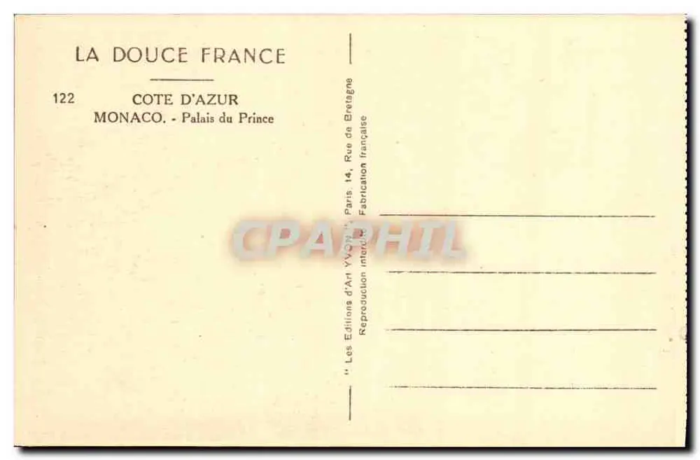 Prinzenpalast — Monaco — Éditions d'Art Yvon, n°122 - Rückseite
