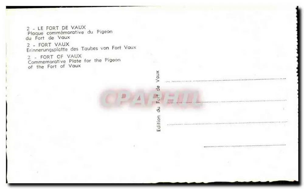 Fort de Vaux — Gedenkplakette des Briefvogels — Ausgabe des Fort de Vaux - Rückseite